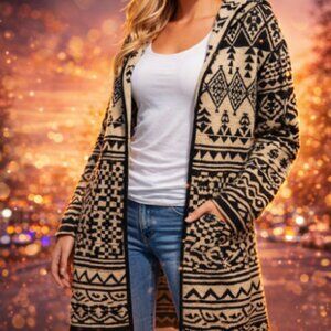 Faded Glory Women SM Black &Tan Geometric Pattern Long Open Cardigan Sweater NWT